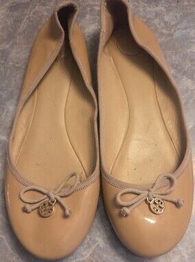 Tory Burch Nude Patent Ballet Flats with Logo Charm